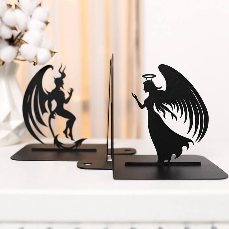Metal Angel and Devil Bookends in Powder-Coated Steel - Metaloslav 