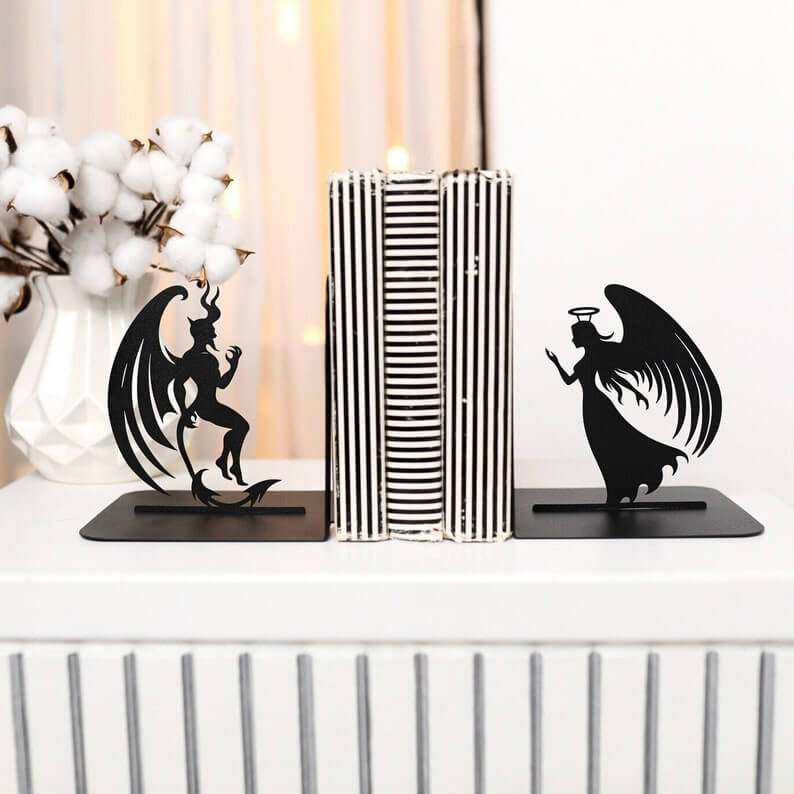 Metal Angel and Devil Bookends in Powder-Coated Steel - Metaloslav 