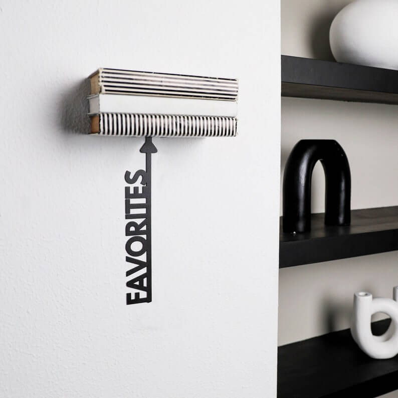 Metal Favorites Wall Shelf with Vertical Text Detail in Powder-Coated Steel - Metaloslav 