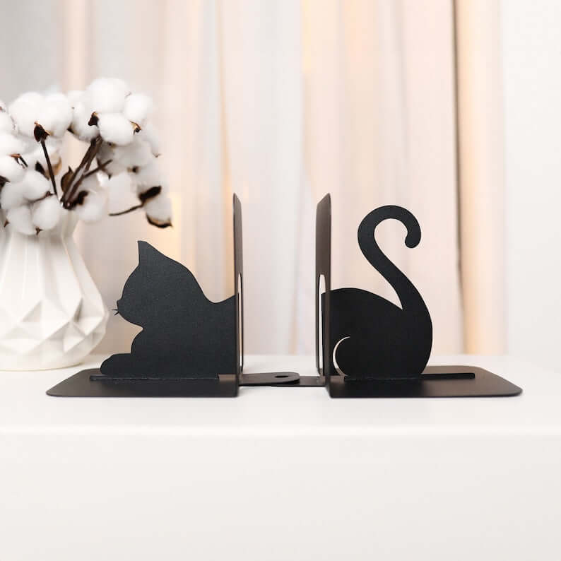 Metal Cat Silhouette Bookends in Powder-Coated Steel - Metaloslav 