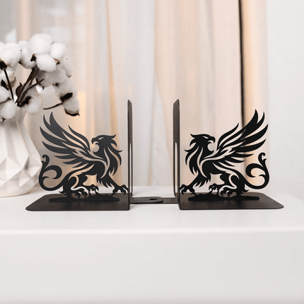 Metal Bookends Pair with Griffin Silhouette Mythical Design - Metaloslav 