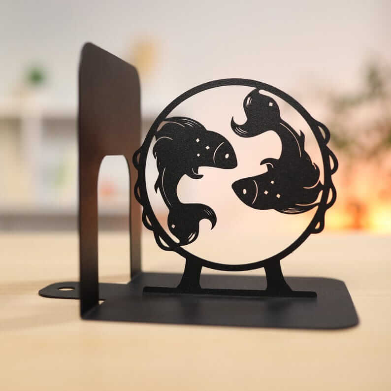 Metal Bookends Pair with Pisces Fish Silhouette Zodiac Design - Metaloslav 