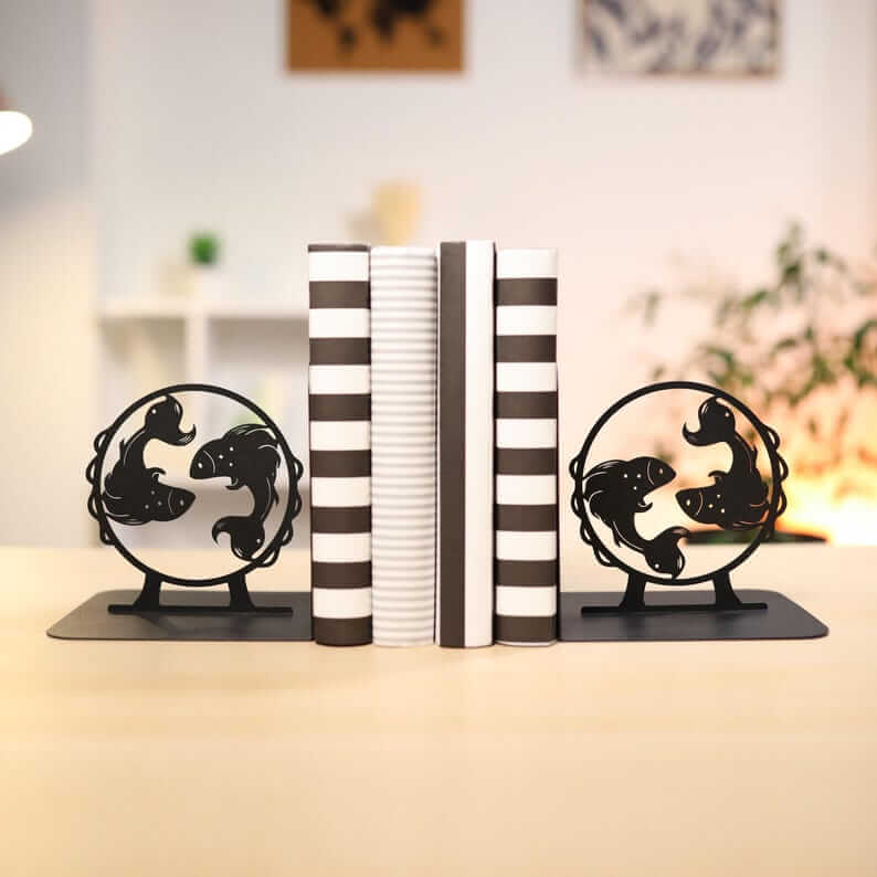Metal Bookends Pair with Pisces Fish Silhouette Zodiac Design - Metaloslav 