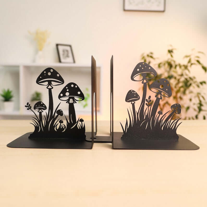 Metal Mushroom Bookends with Botanical Cutout Design - Metaloslav 