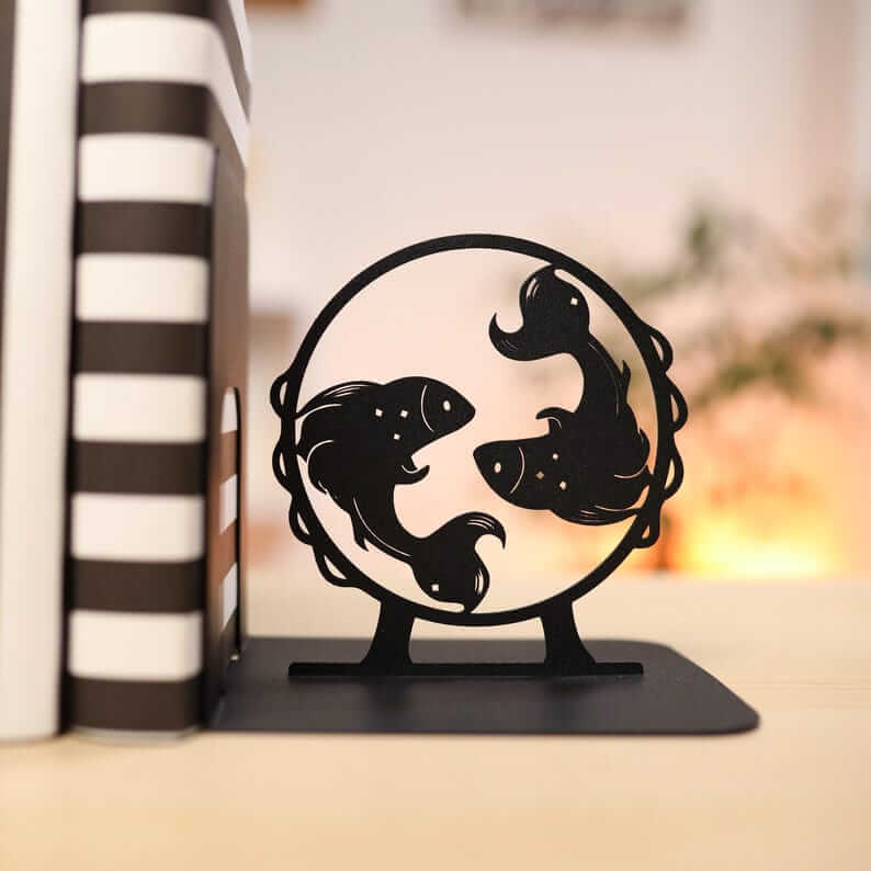 Metal Bookends Pair with Pisces Fish Silhouette Zodiac Design - Metaloslav 