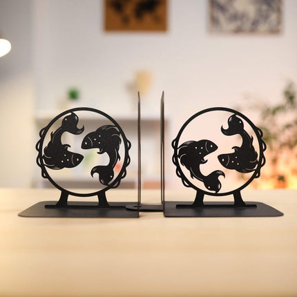 Metal Bookends Pair with Pisces Fish Silhouette Zodiac Design