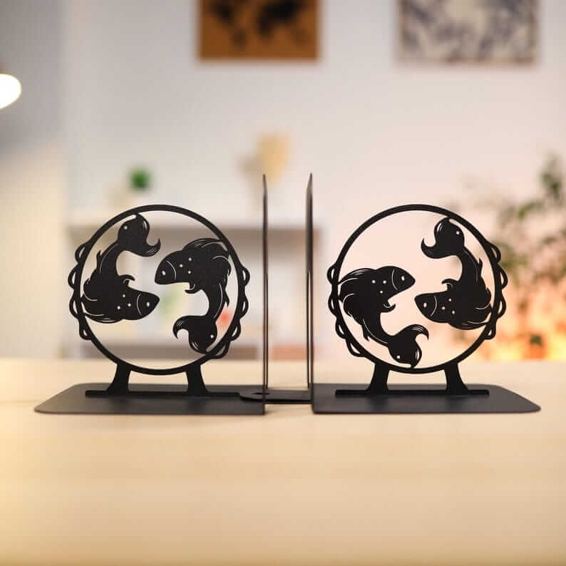 Metal Bookends Pair with Pisces Fish Silhouette Zodiac Design - Metaloslav 
