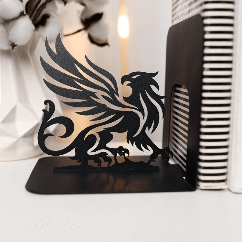 Metal Bookends Pair with Griffin Silhouette Mythical Design - Metaloslav 