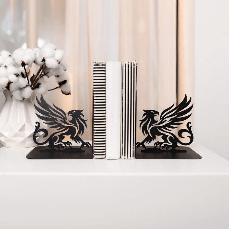 Metal Bookends Pair with Griffin Silhouette Mythical Design - Metaloslav 