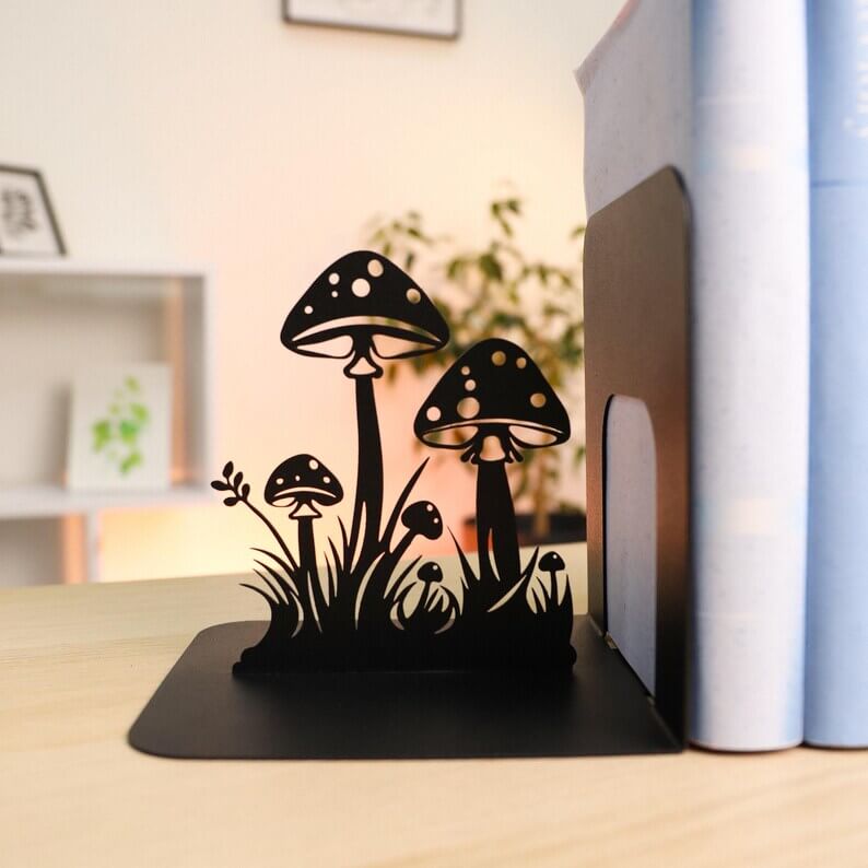 Metal Mushroom Bookends with Botanical Cutout Design - Metaloslav 