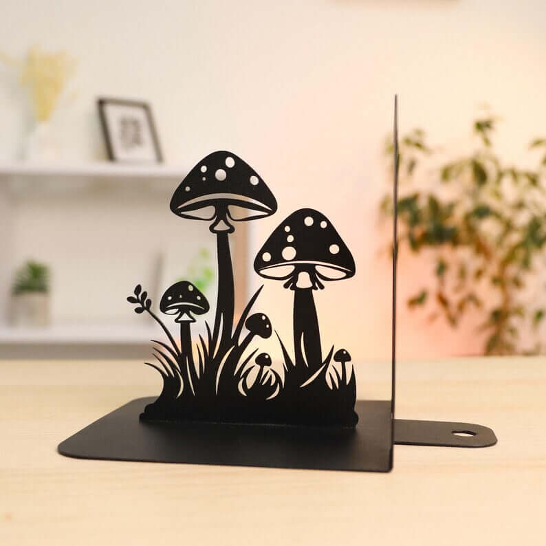 Metal Mushroom Bookends with Botanical Cutout Design - Metaloslav 