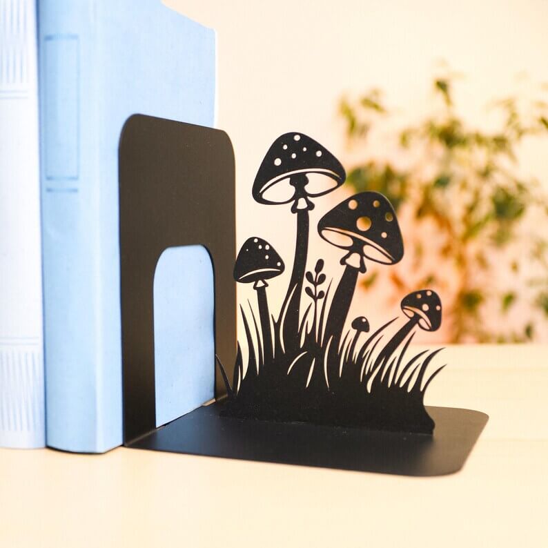 Metal Mushroom Bookends with Botanical Cutout Design - Metaloslav 