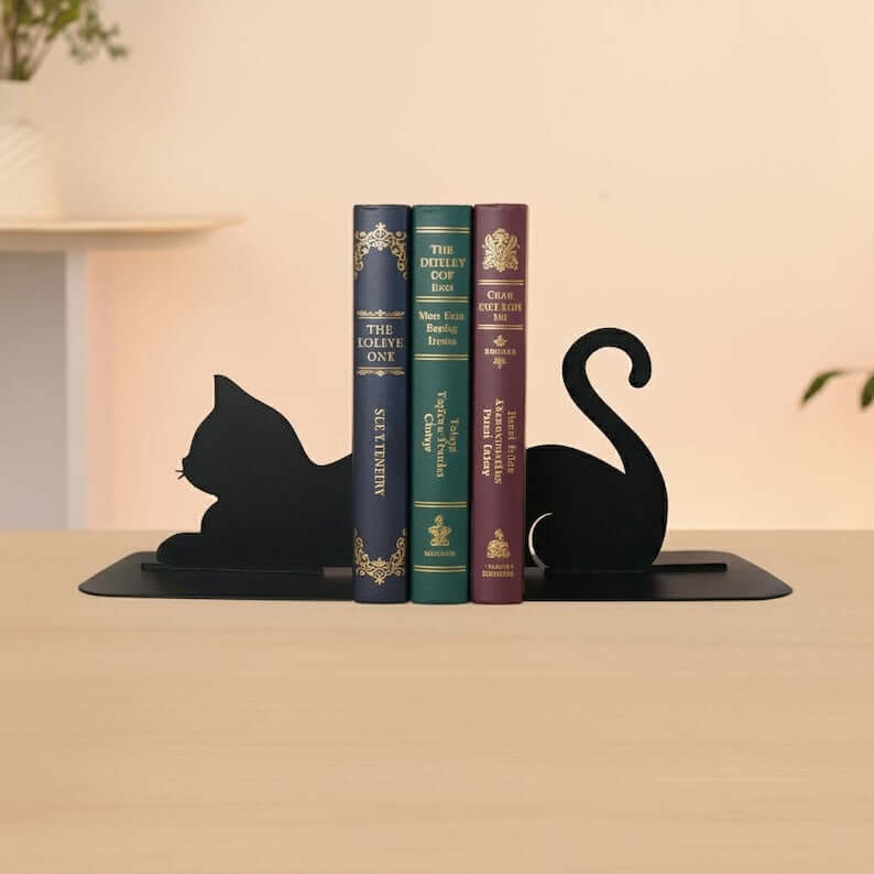 Metal Cat Silhouette Bookends in Powder-Coated Steel - Metaloslav 