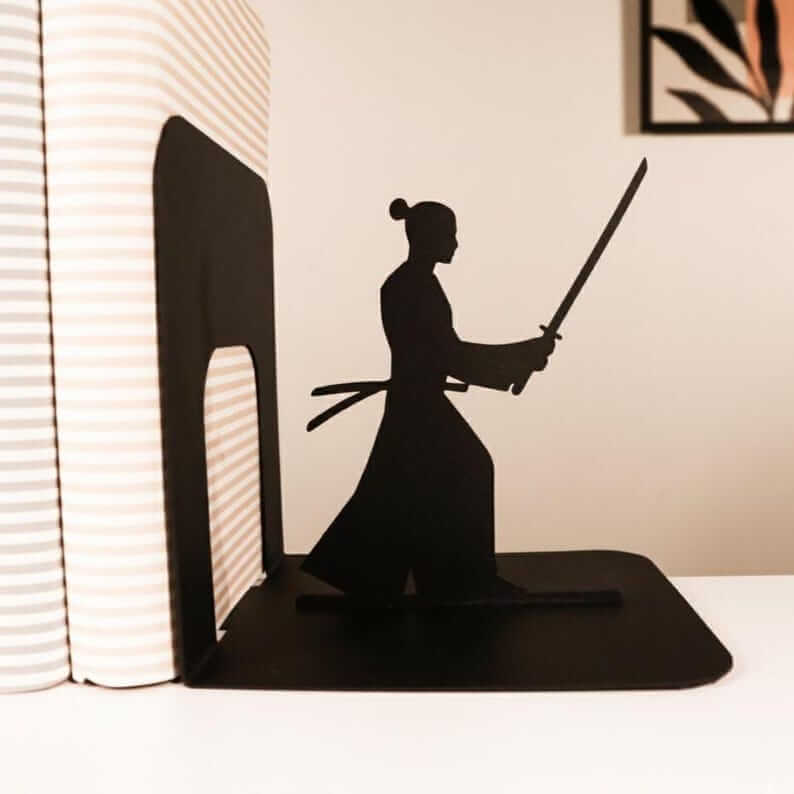 Metal Samurai Bookends with Warrior Silhouette Cutout Design - Metaloslav 