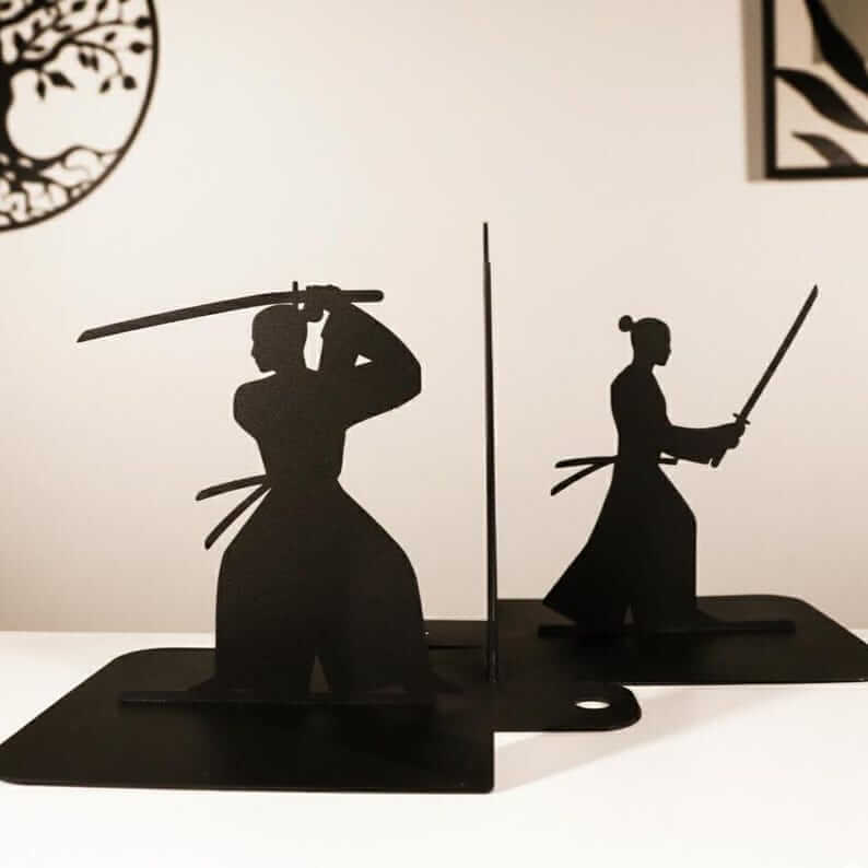 Metal Samurai Bookends with Warrior Silhouette Cutout Design - Metaloslav 