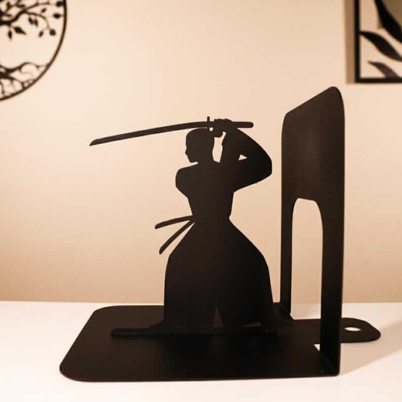 Metal Samurai Bookends with Warrior Silhouette Cutout Design - Metaloslav 