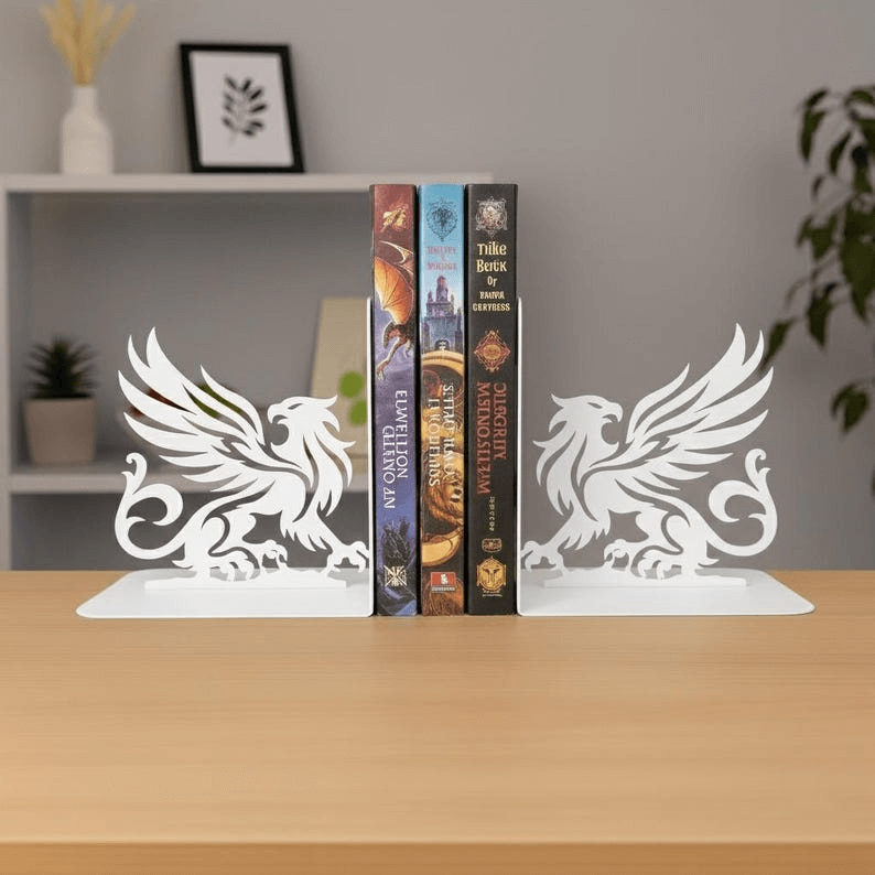 Metal Bookends Pair with Griffin Silhouette Mythical Design - Metaloslav 