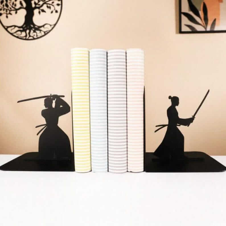 Metal Samurai Bookends with Warrior Silhouette Cutout Design - Metaloslav 