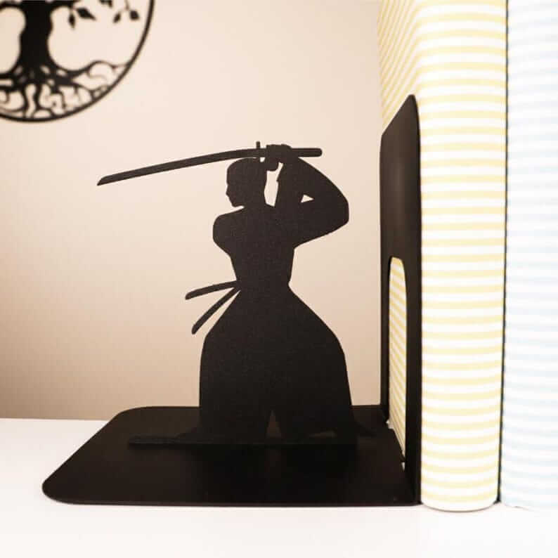 Metal Samurai Bookends with Warrior Silhouette Cutout Design - Metaloslav 