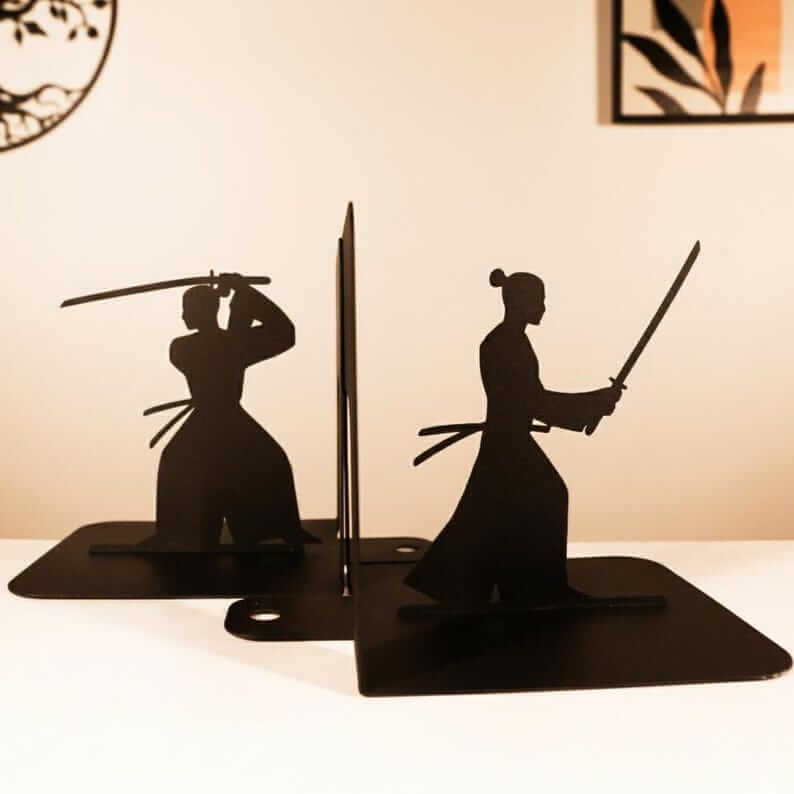 Metal Samurai Bookends with Warrior Silhouette Cutout Design - Metaloslav 
