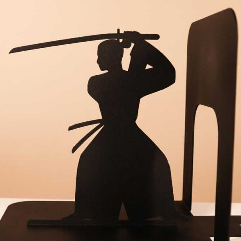 Metal Samurai Bookends with Warrior Silhouette Cutout Design - Metaloslav 