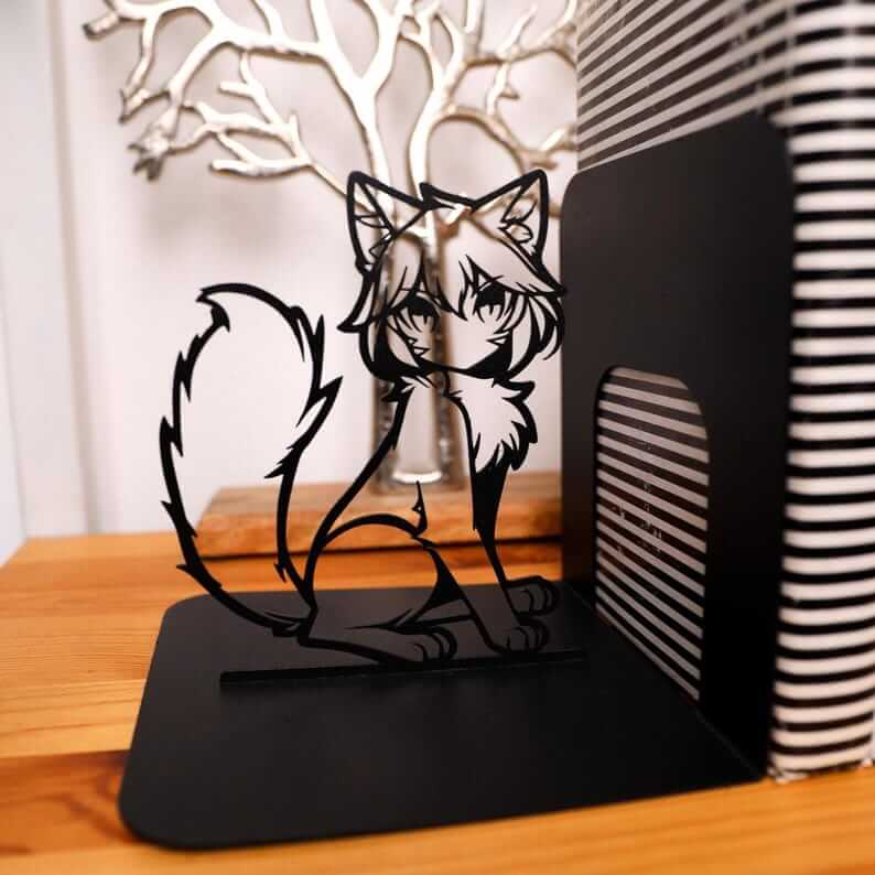 Anime Cat Metal Bookends with Silhouette Design, Powder-Coated Steel - Metaloslav 