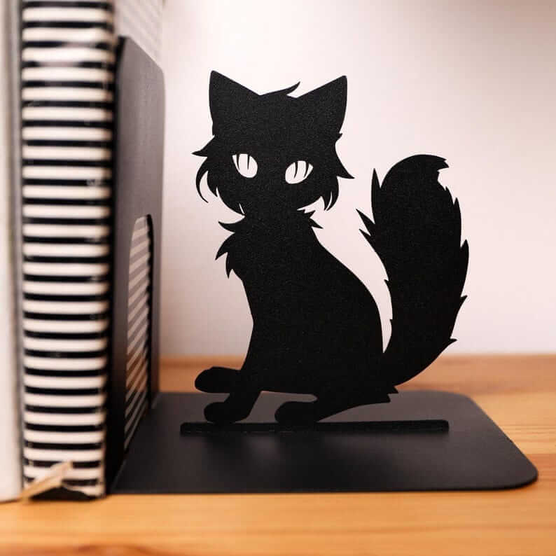 Anime Cat Metal Bookends with Silhouette Design, Powder-Coated Steel - Metaloslav 