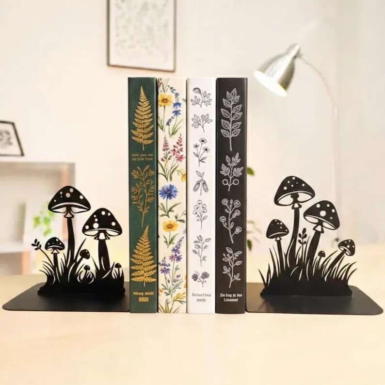 Metal Mushroom Bookends with Botanical Cutout Design - Metaloslav 