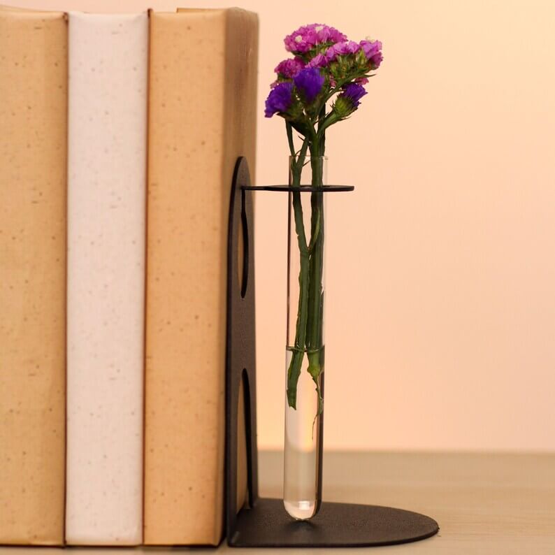Metal Bookends with Glass Flower Flasks, Minimal Tabletop Decor - Metaloslav 