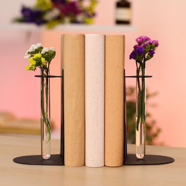 Metal Bookends with Glass Flower Flasks, Minimal Tabletop Decor - Metaloslav 