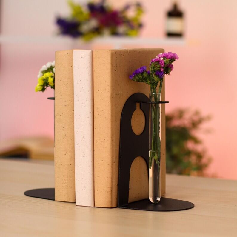 Metal Bookends with Glass Flower Flasks, Minimal Tabletop Decor - Metaloslav 
