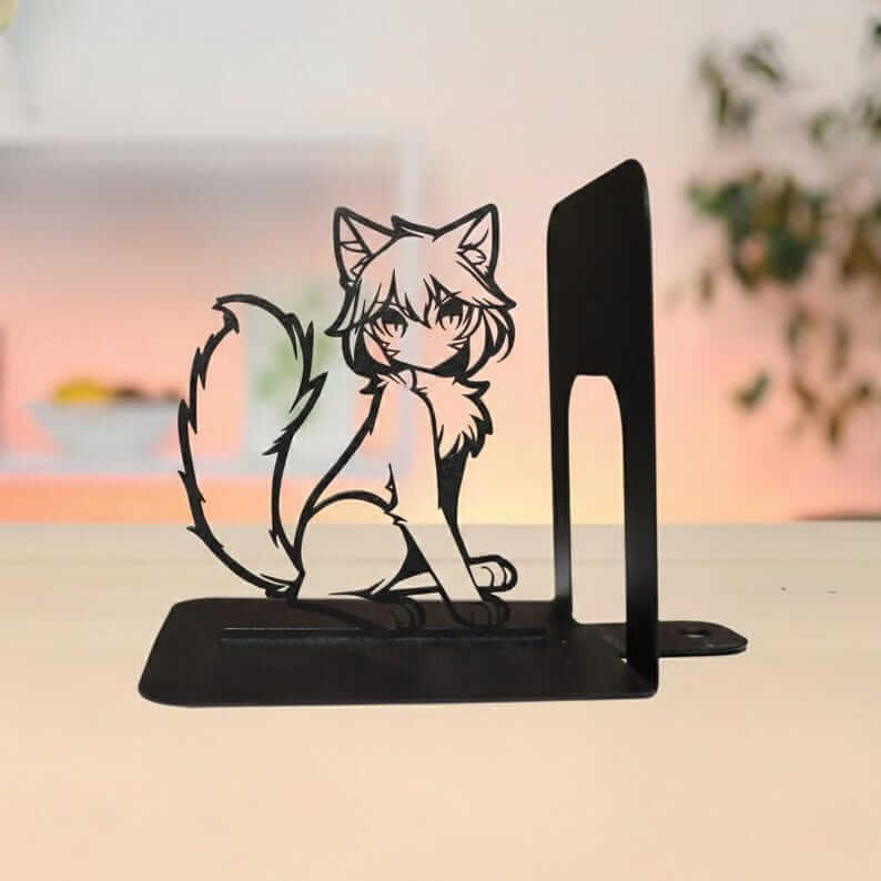 Anime Cat Metal Bookends with Silhouette Design, Powder-Coated Steel - Metaloslav 
