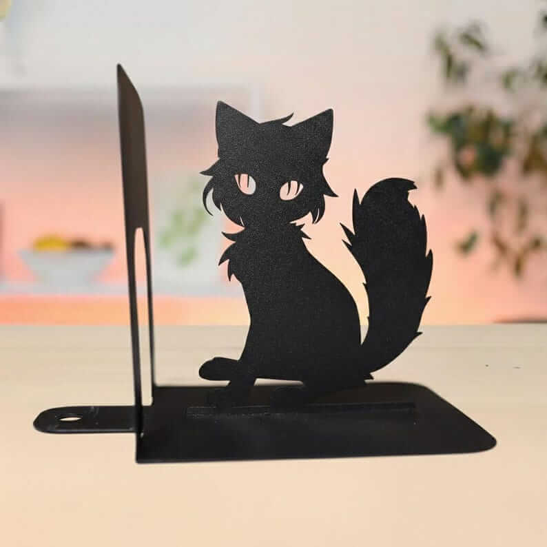 Anime Cat Metal Bookends with Silhouette Design, Powder-Coated Steel - Metaloslav 