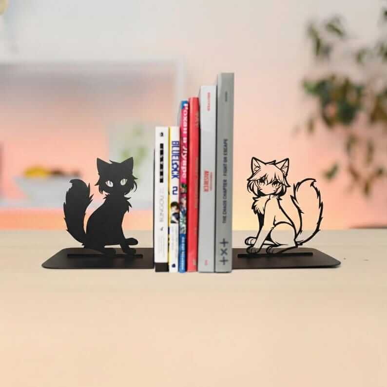 Anime Cat Metal Bookends with Silhouette Design, Powder-Coated Steel - Metaloslav 