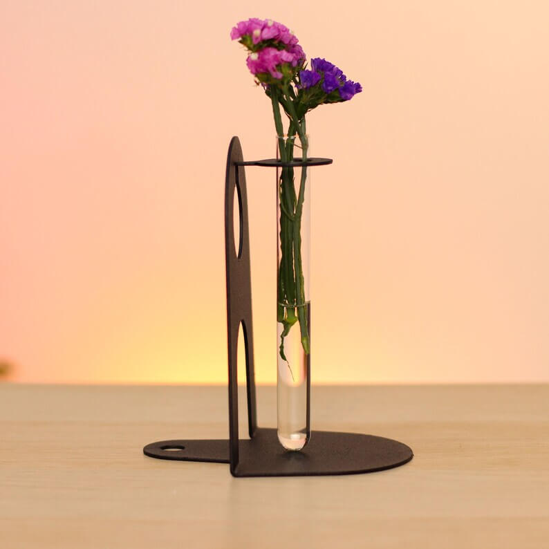 Metal Bookends with Glass Flower Flasks, Minimal Tabletop Decor - Metaloslav 