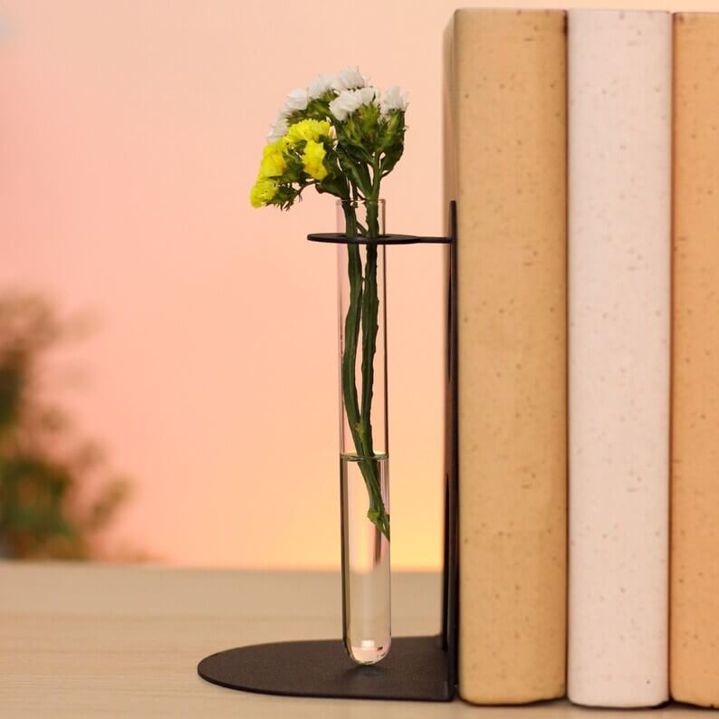 Metal Bookends with Glass Flower Flasks, Minimal Tabletop Decor - Metaloslav 