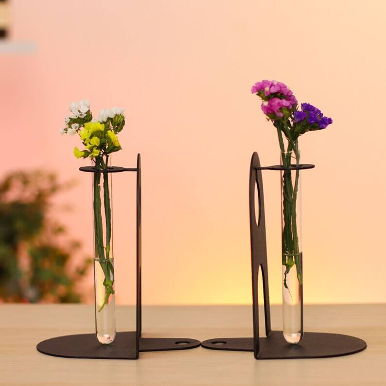 Metal Bookends with Glass Flower Flasks, Minimal Tabletop Decor - Metaloslav 