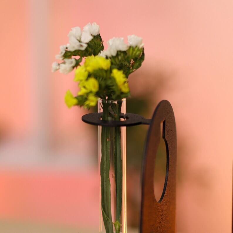 Metal Bookends with Glass Flower Flasks, Minimal Tabletop Decor - Metaloslav 