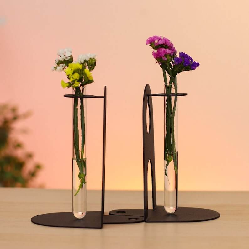 Metal Bookends with Glass Flower Flasks, Minimal Tabletop Decor - Metaloslav 