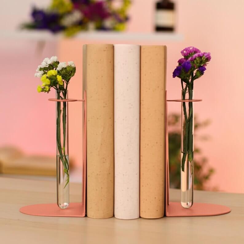 Metal Bookends with Glass Flower Flasks, Minimal Tabletop Decor - Metaloslav 