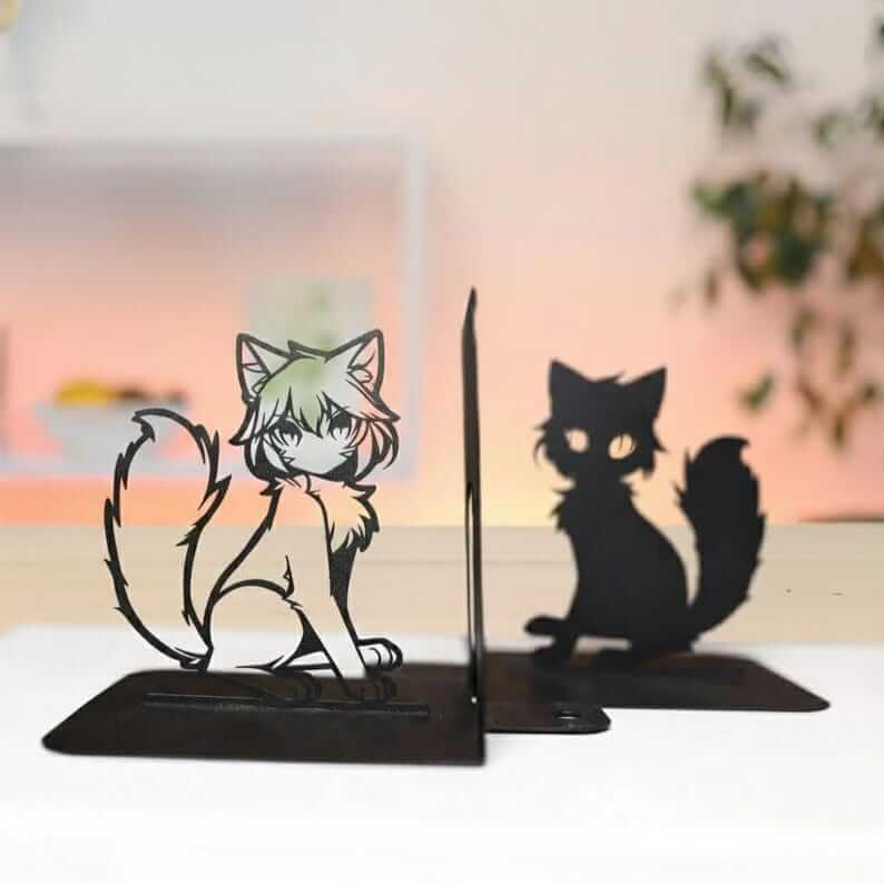 Anime Cat Metal Bookends with Silhouette Design, Powder-Coated Steel - Metaloslav 