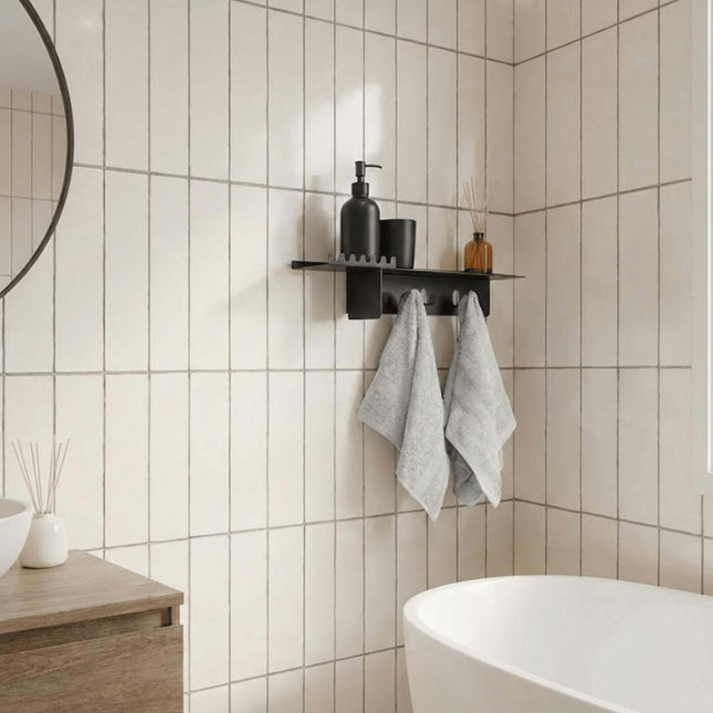 Metal Wall Shelf with Integrated Hooks for Bathroom Storage