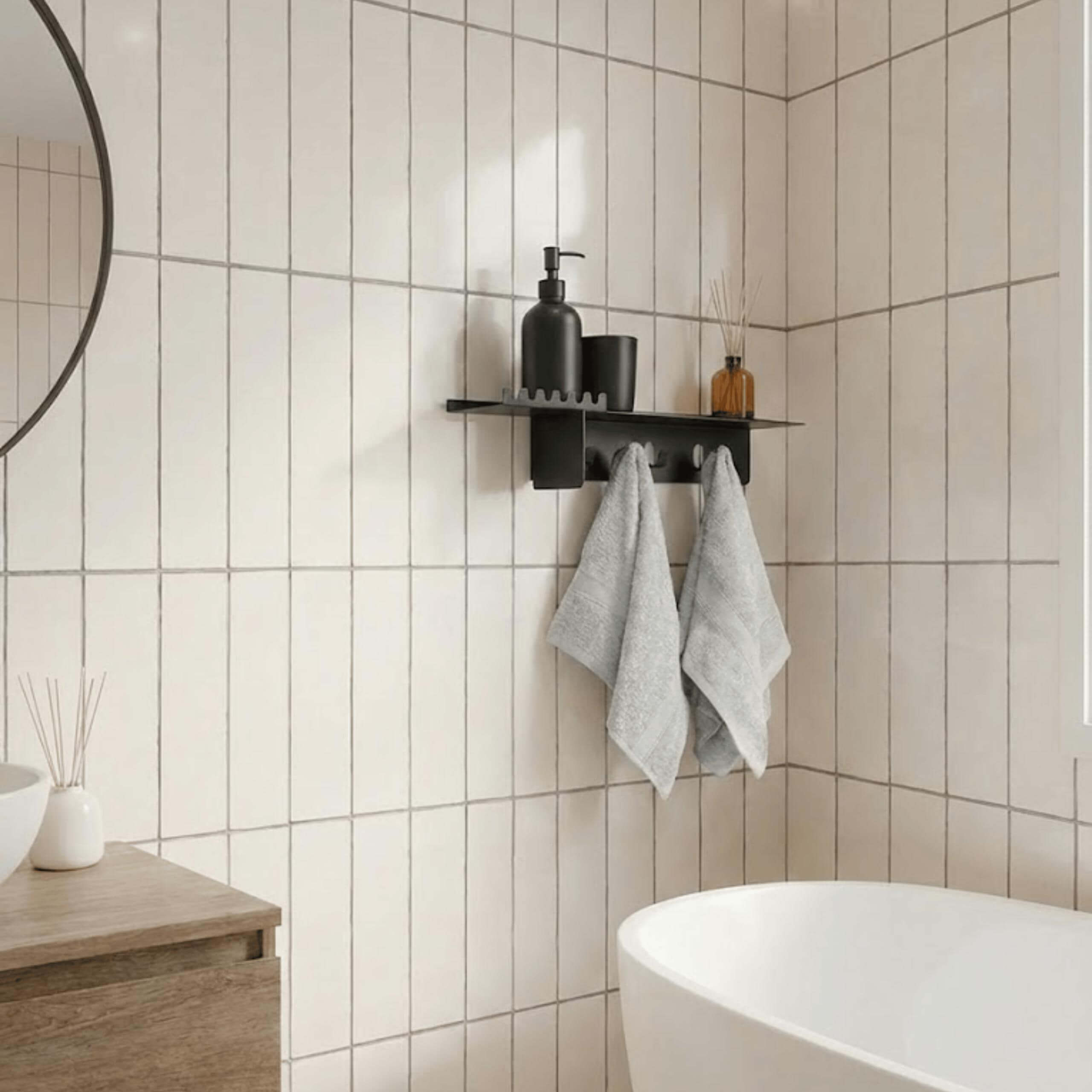 Metallenes Badezimmer-Wandregal mit Haken – Metaloslav