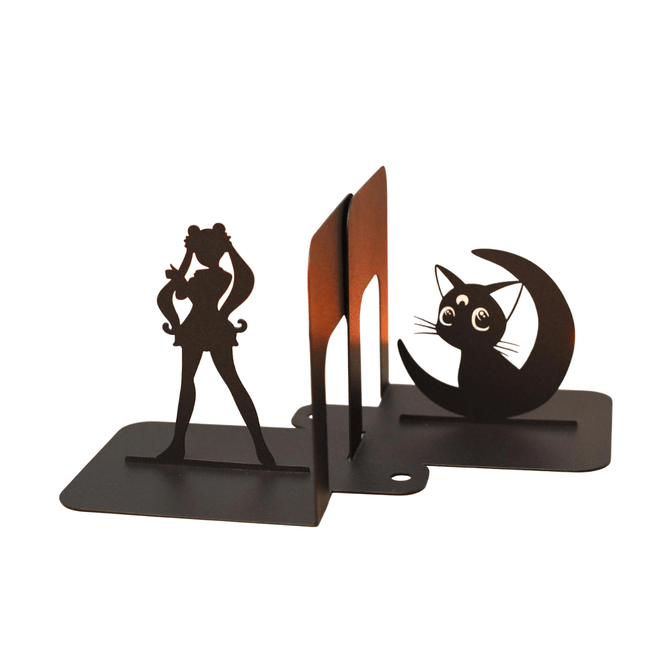 Metal Bookends Pair with Anime Girl and Cat Silhouette Design - Metaloslav 