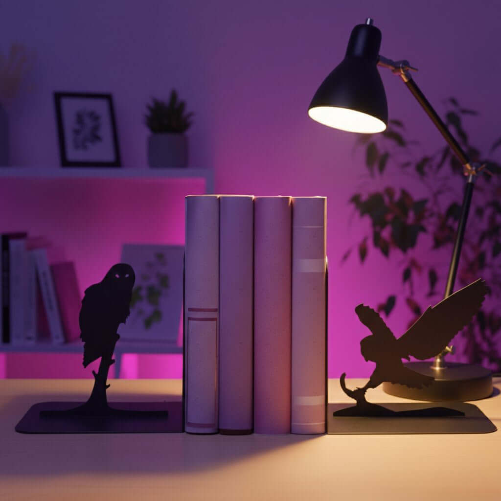 Owl Silhouette Metal Bookends in Powder-Coated Steel - Metaloslav 