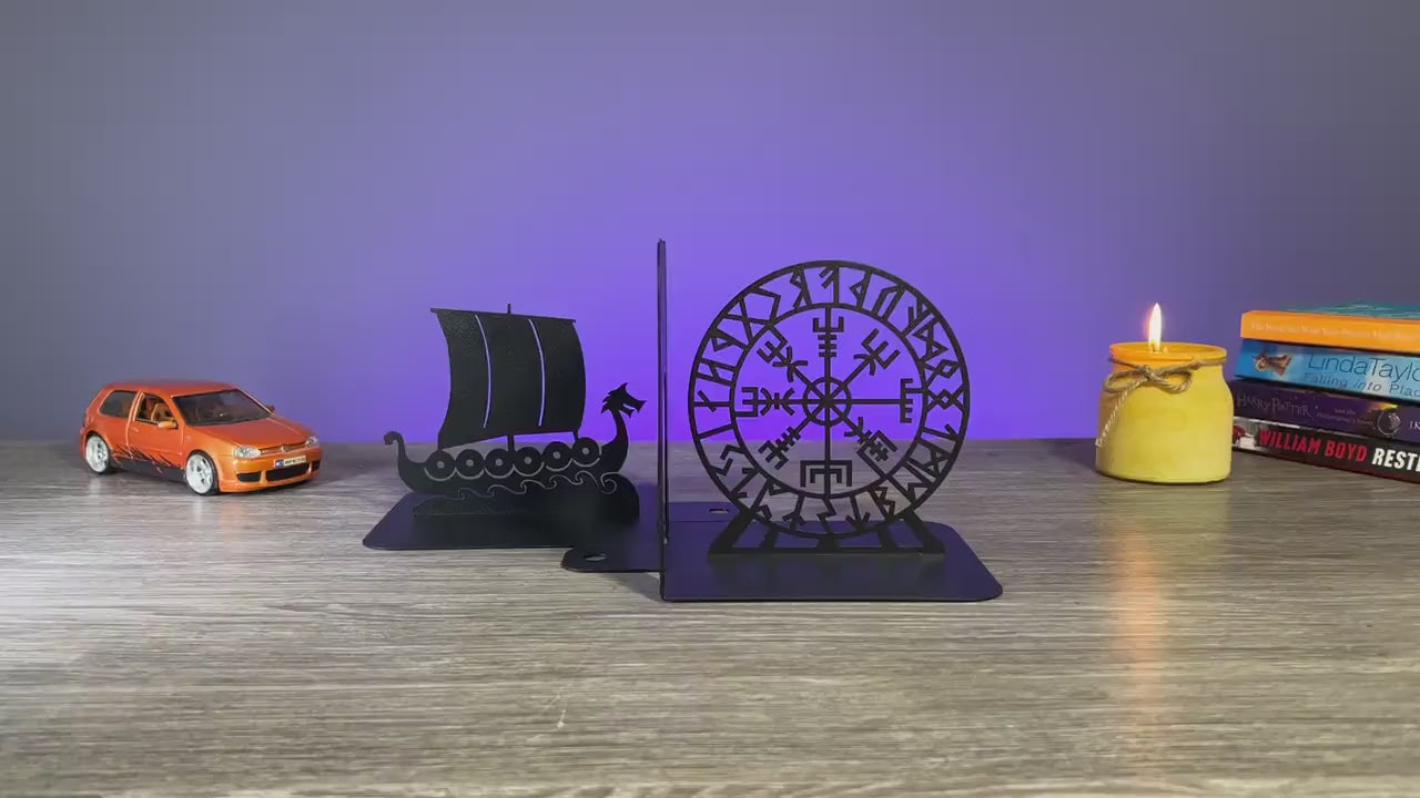 Metal Bookends Pair with Viking Drakkar Ship and Vegvisir Symbol