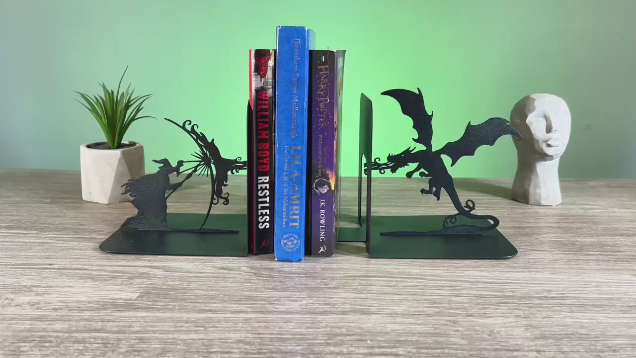Metal Bookends – Dragon & Wizard Steel Holder Fantasy Shelf Decor
