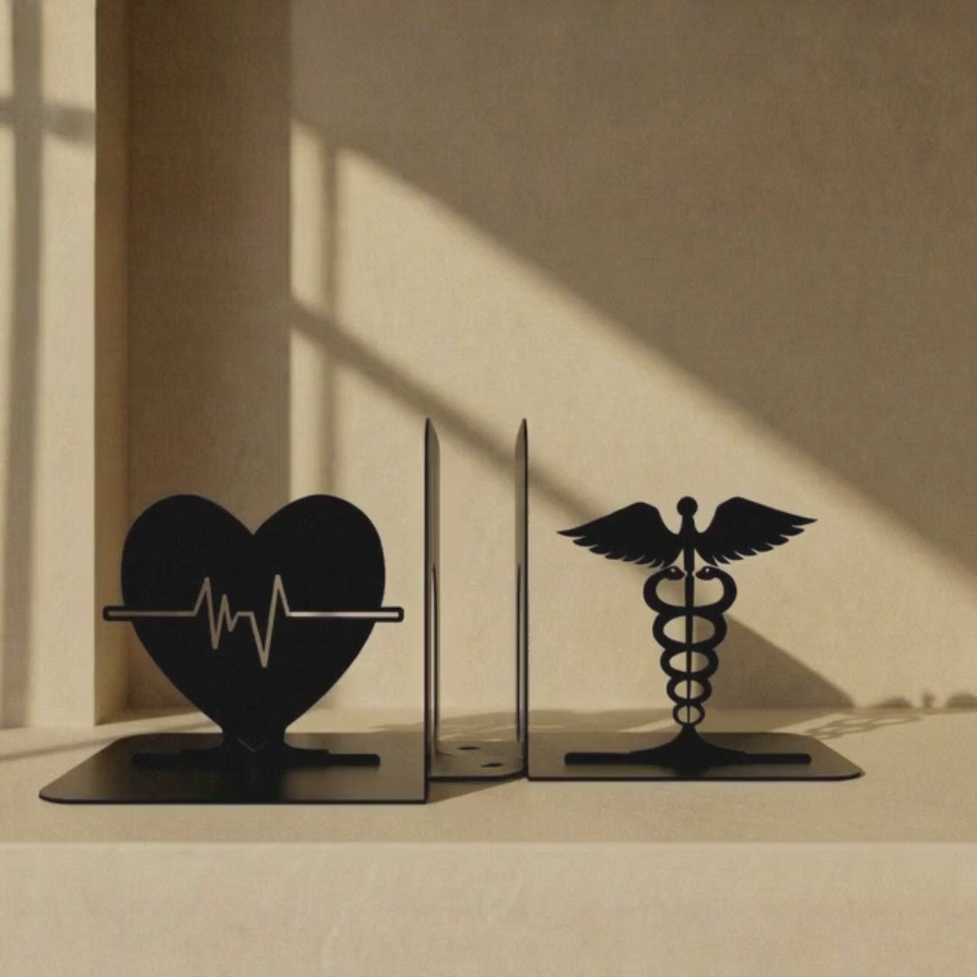 Heart Pulse and Caduceus Metal Bookends in Powder-Coated Steel