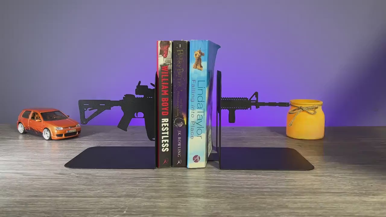 AR15 Rifle Silhouette Metal Bookends Set Powder Coated Steel
