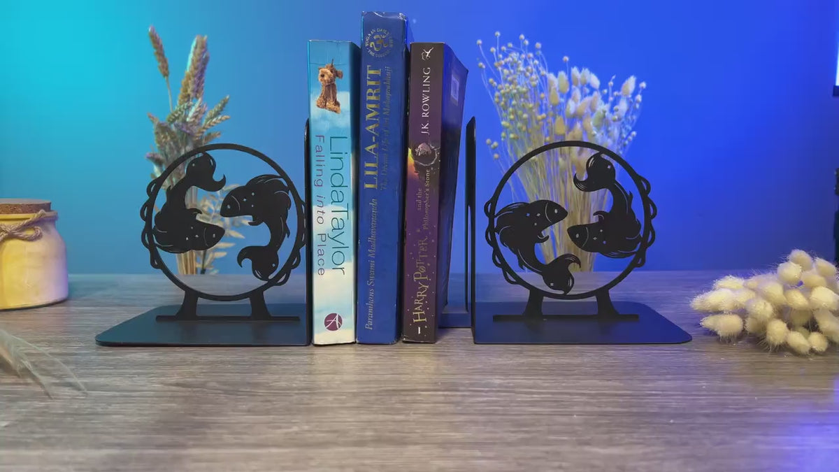 Pisces Metal Bookends, Handmade Steel Zodiac Shelf Decor